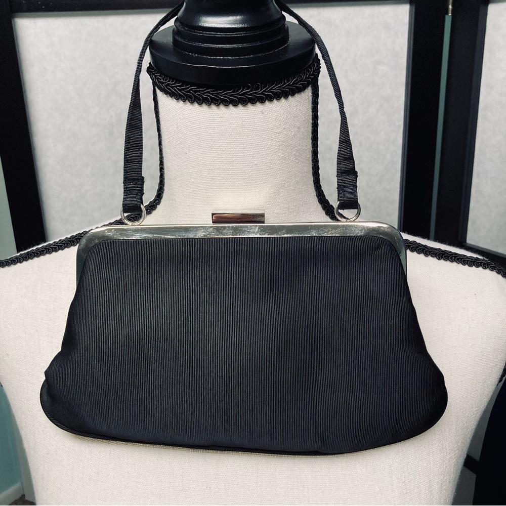 Vintage Classic style grosgrain fabric evening bag; silver frame, short strap.